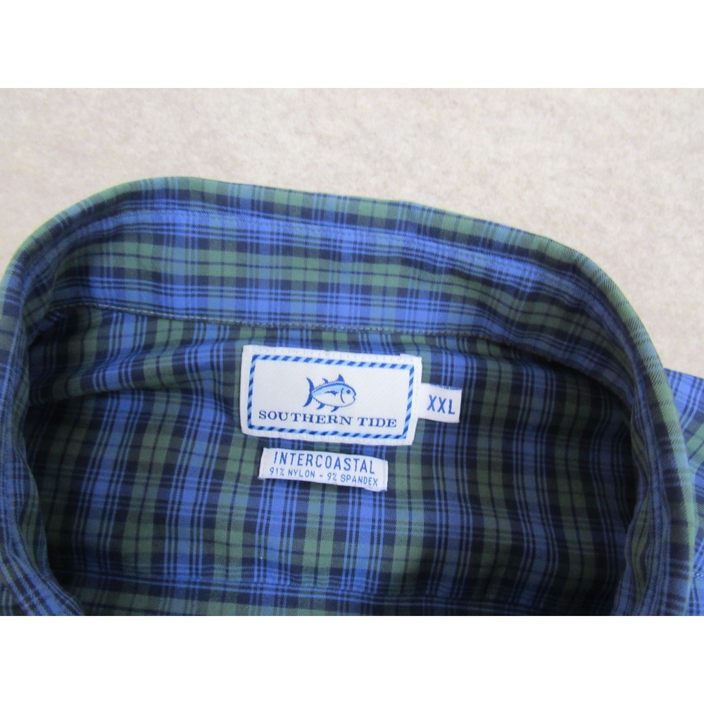 Southern Tide Intercoastal Shirt Mens XXL Blue Green Plaid Nylon Stretch 20714 - Picture 3 of 8